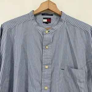 Tommy Hilfiger Shirt Mens XL Blue Stripe Band Collar Long Sleeve Crest Logo